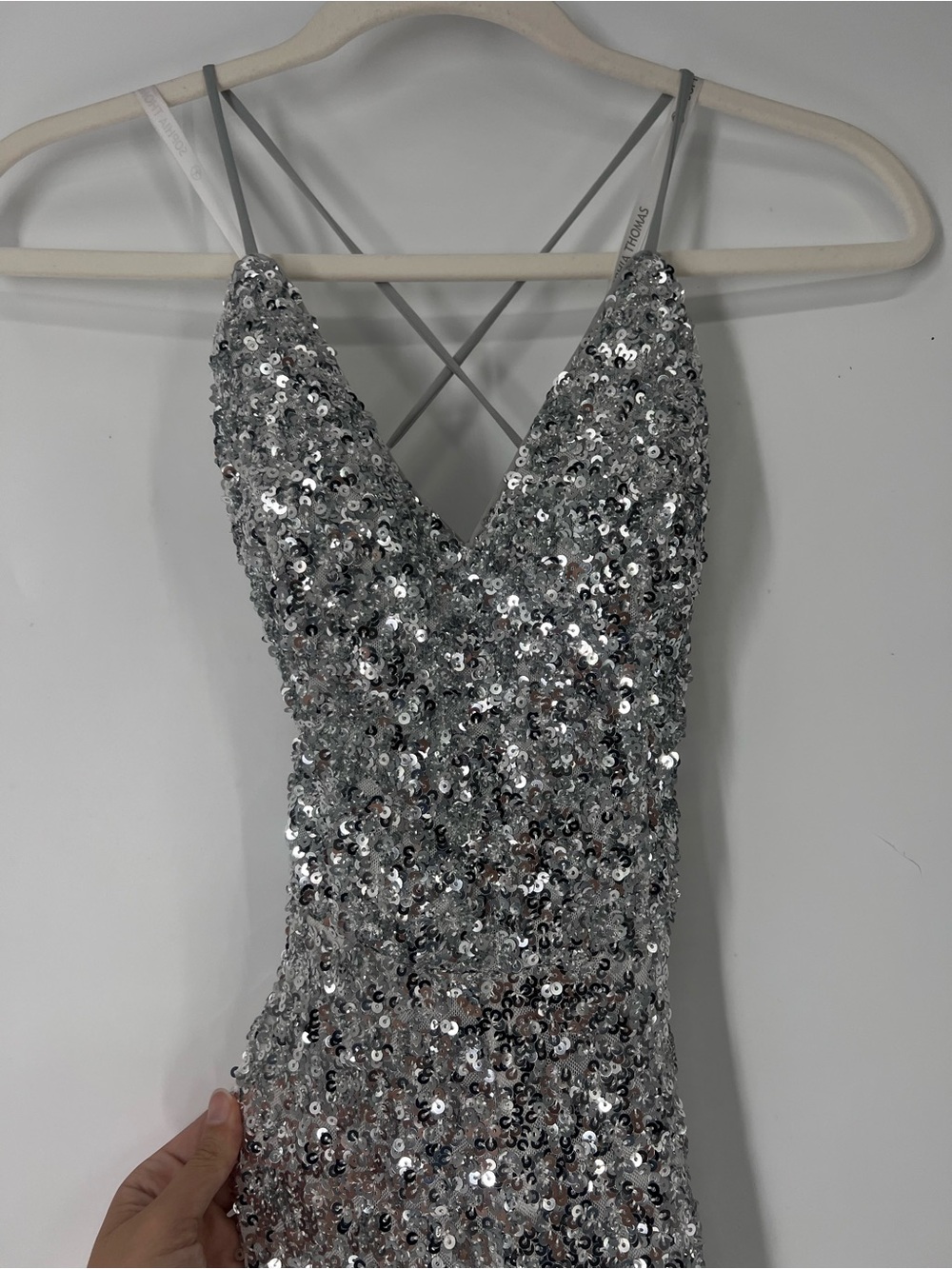 Sophia Thomas Silver Metallic Backless Lace Up Strappy V Neck Formal Jumpsuit 4